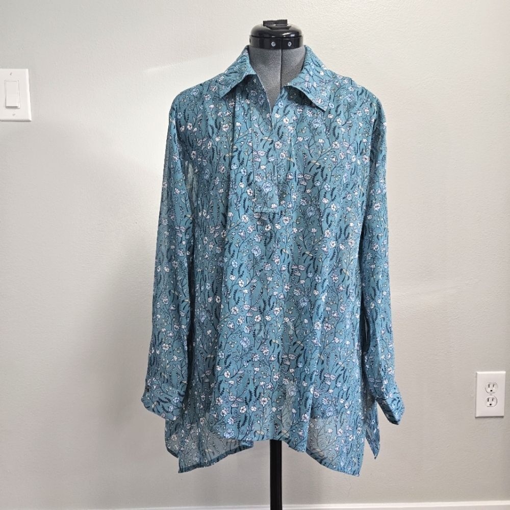 Cabi Chase Field Of Flowers Micro Floral Blouse Teal Semi Sheer Women's Small